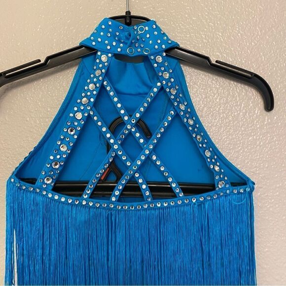 Weissman Dance costume aqua blue sassy fringe dress Spice Up Your Life 14130 MC - Picture 4 of 13